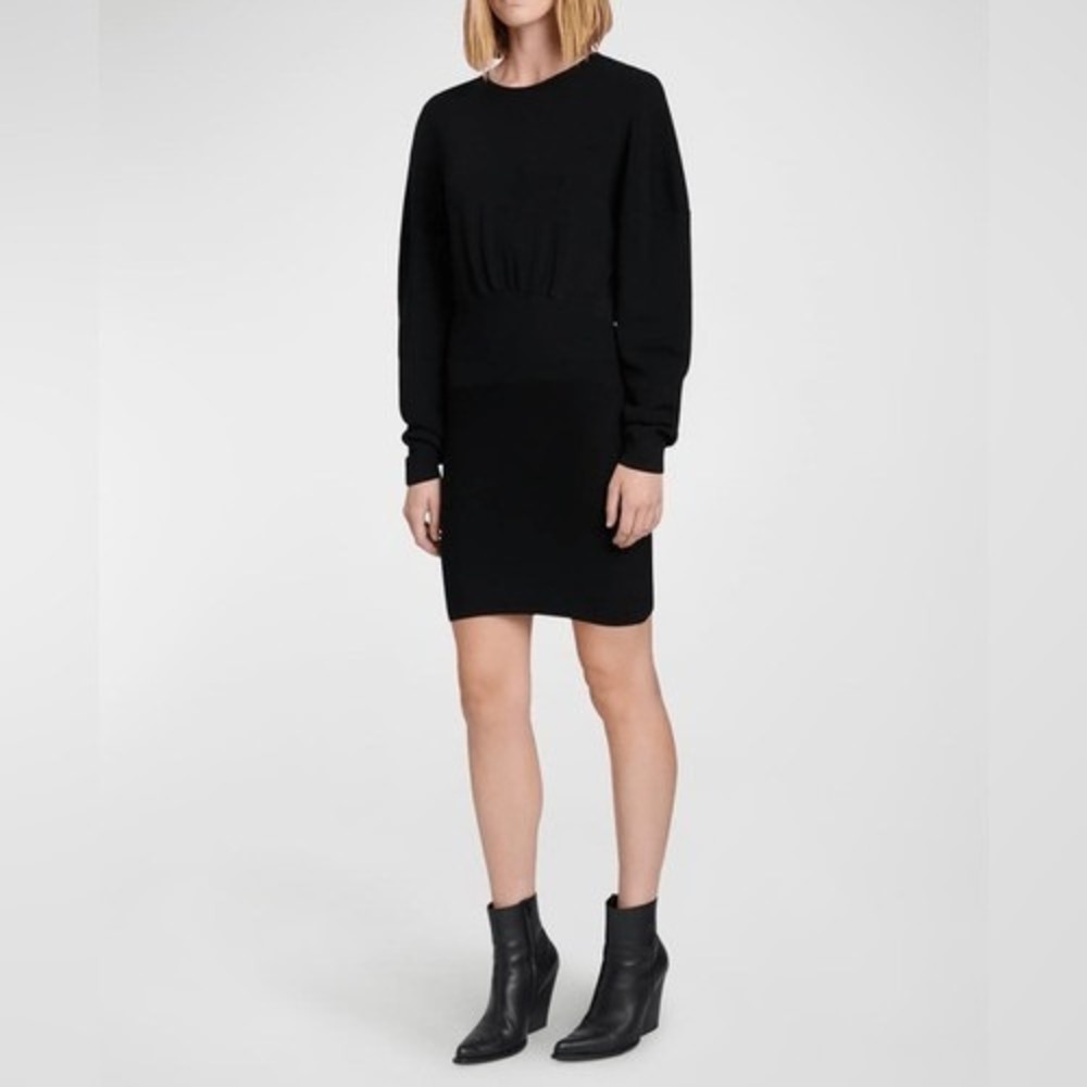 7 For All Mankind Black Ribbed Knit Cinched Waist Mini Sweater Dress Size M